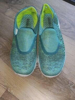 Skechers Slip-On Knit Sneakers in Teal & Lime Green